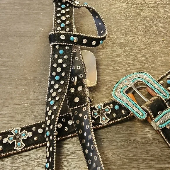 Western Horse Bridle & Breast Collar With Crosses And Turquoise Bling Belt Style - Picture 3 of 8